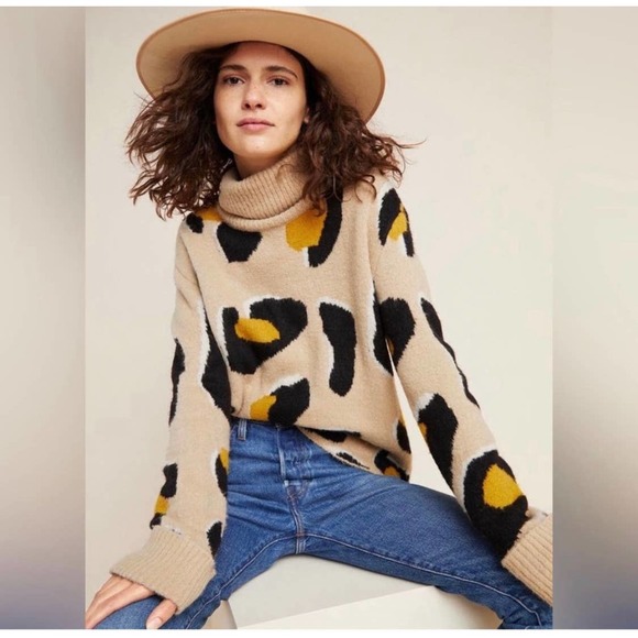 Anthropologie Moth Georgia Leopard Animal Turtleneck Sweater Tan Black Sz Small - Picture 8 of 8